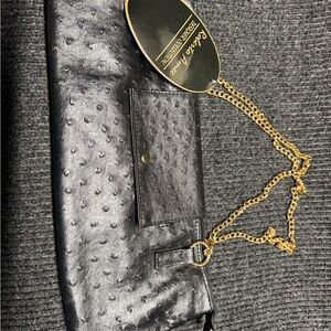Black Insulated Wine Purse | Faux Ostrich | Gold Chain Strap | NWT